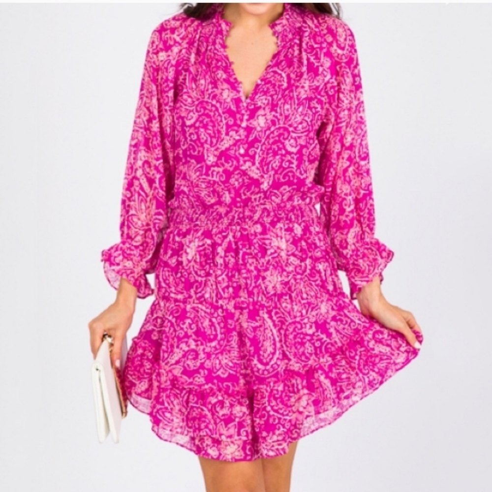 Fate paisley dress in fuschia with smocked waist